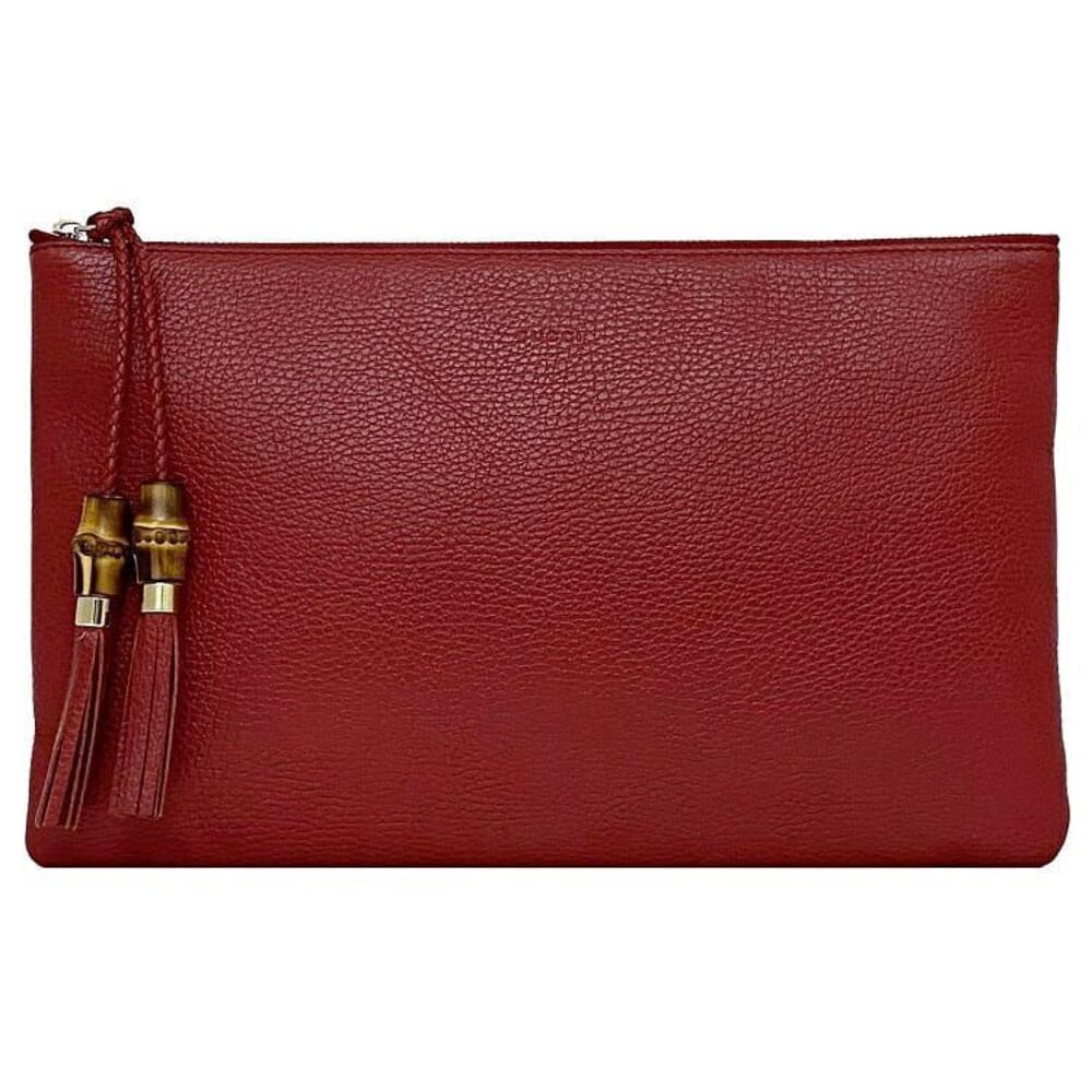 Gucci Clutch Bag Red Bamboo Pouch Clutch Leather Handbag Fringe Zip Tassel